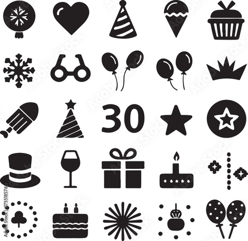 Assorted Birthday and Celebration Icons in Silhouette Style snowflake heart