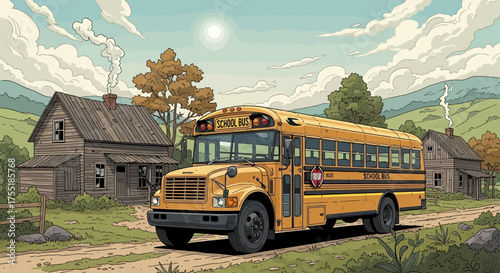 American school bus on a countryside road with vintage rural house