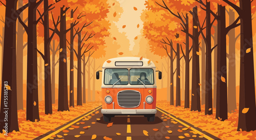 Autumnal bus trip, journey through a scenic fall landscape illustration