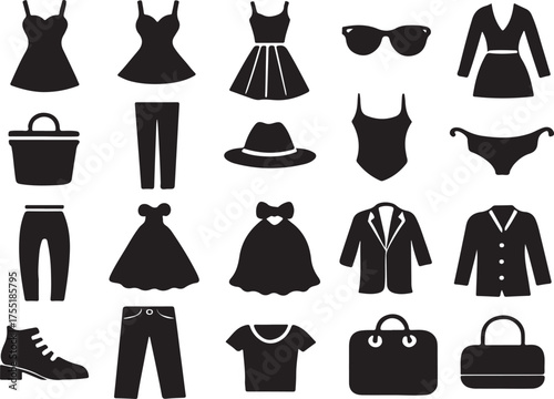 Assorted black silhouette icons of clothing and accessories on white Keywords: dress, sunglasses