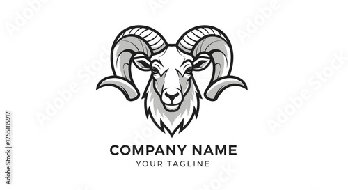 Monochrome illustration of a ram's head with large curved horns, suitable for a company logo.