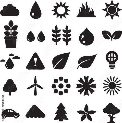 Collection of 25 black silhouette icons for nature and elements graphic