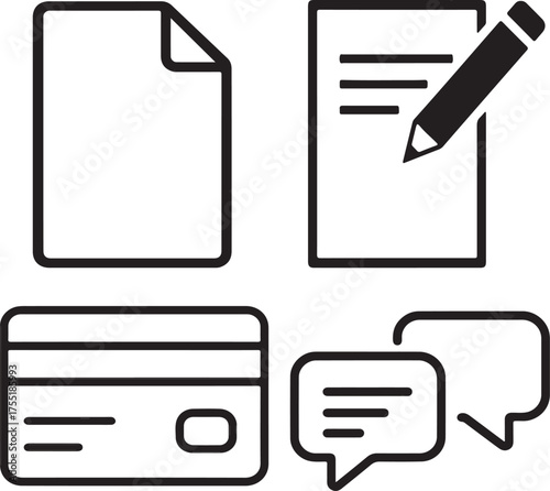 Four black outline icons for documents credit card and communication Keywords: document, paper, blank
