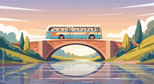 Retro Bus Journey Across a Scenic Bridge at Sunset with Tranquil Water Reflection