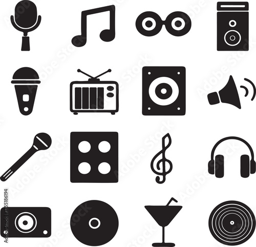 Assortment of Music, Entertainment and Retro Technology Icons symbols