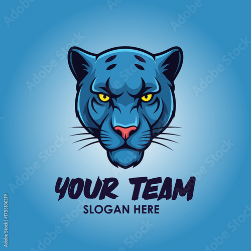 A fierce blue panther head mascot logo with yellow eyes and a pink nose, designed for a sports team or brand, set against a blue gradient background.