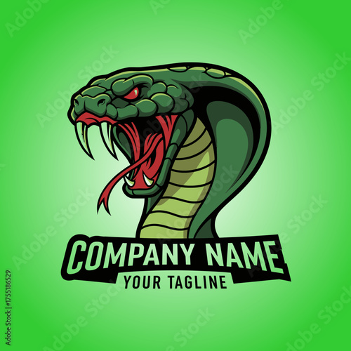 Aggressive green cobra snake head logo design with fangs and tongue out, featuring a customizable company name banner.