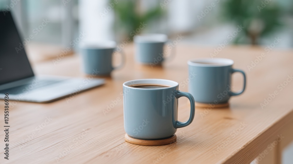 Fototapeta premium foodtech startup strategy A cozy workspace featuring blue coffee mugs on a wooden table with a laptop in the background.