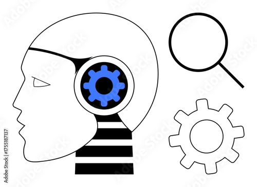 Profile of robotic head with gears symbolizing AI cognition, accompanied by a magnifying glass and abstract gear. Ideal for AI, innovation, research, problem-solving, learning, technology, simple