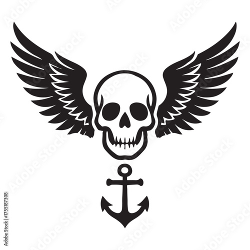 Winged Skull with Anchor Vector – Nautical Pirate Tattoo Symbol, Gothic Biker Emblem, Dark Marine Silhouette Design