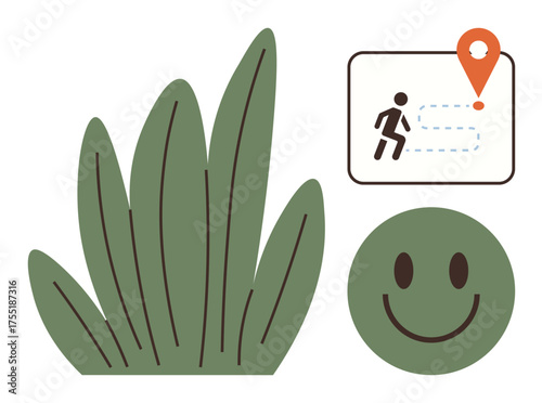 Green leaves, smiling face, and walking trail with location pin emphasize exploration and connection with nature. Ideal for hiking, travel, wellness, mindfulness, fitness, environment positivity