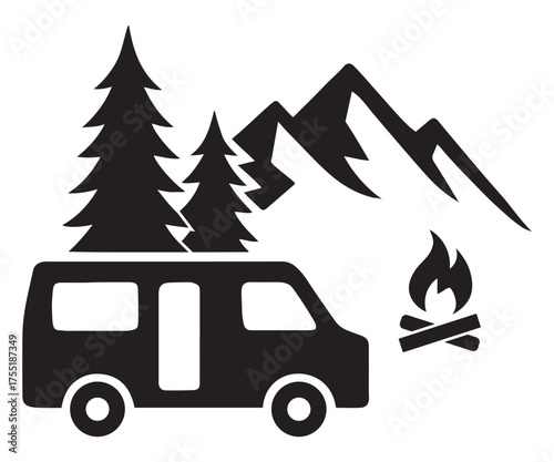 Camping Van Silhouette , Mountain Adventure Vector , Outdoor Travel Scene with Campfire and Pine Trees , Nature Explorer Design