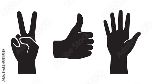 Hand Gesture Silhouette Set – Peace Sign, Thumbs Up, Open Palm Vector Illustration