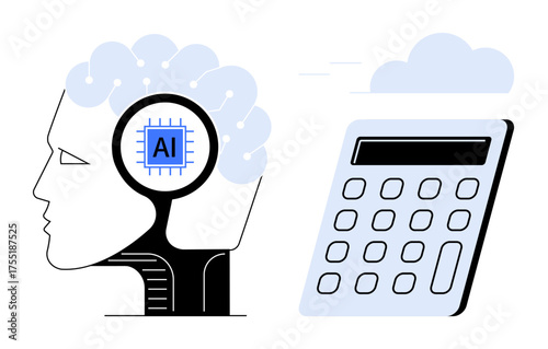 Human head with AI chip and network, alongside a calculator with cloud outline. Ideal for AI, computing, technology, problem-solving, machine learning, innovation futuristic themes. Simple flat