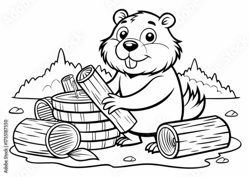 Kids Coloring Page – Busy Beaver Building a Dam with Logs