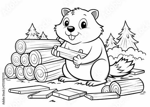 Kids Coloring Page – Busy Beaver Building a Dam with Logs