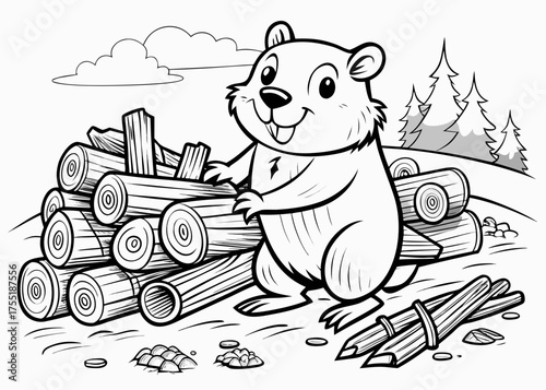 Kids Coloring Page – Busy Beaver Building a Dam with Logs