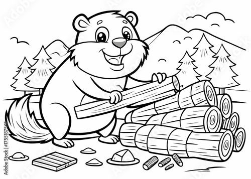 Kids Coloring Page – Busy Beaver Building a Dam with Logs