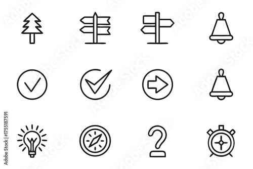 Assorted Outline Icons for Navigation, Time, and Ideas Including Compass and Bell symbol direction