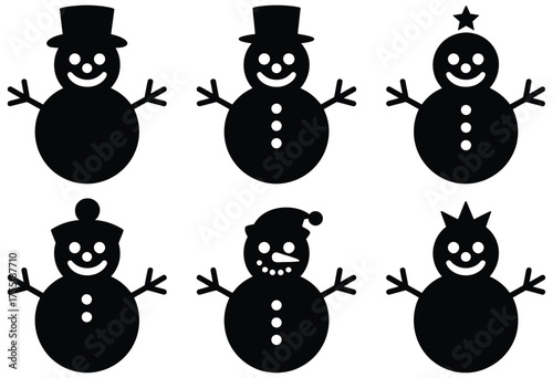 Christmas snowman silhouette collection, black vector bundle featuring classic holiday snowmen, ideal for greeting cards, festive artwork, winter decoration, and creative design projects.