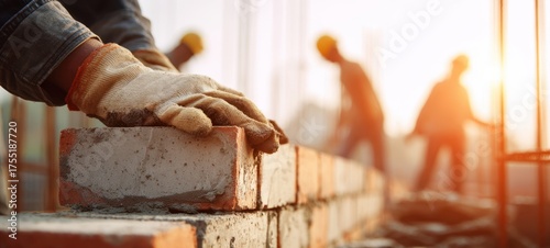 The bricklayer's gloved hands laying bricks on a sunlit construction site wall