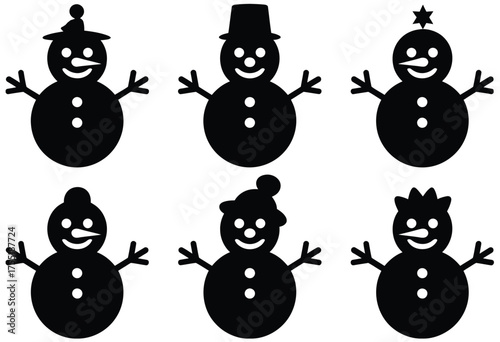 Christmas snowman vector bundle in black silhouette style, isolated on white background, ideal for festive design, winter illustration, holiday decoration, and digital clipart projects.