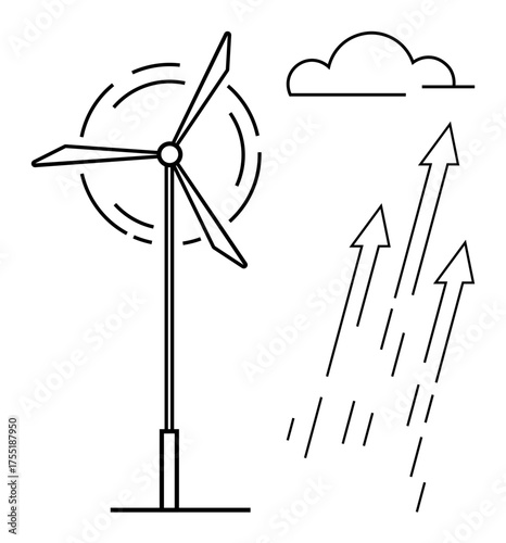 Wind turbine blades turning with upward arrows symbolizing energy generation and environmental sustainability. Ideal for renewable energy, green technology, innovation, environment, efficiency