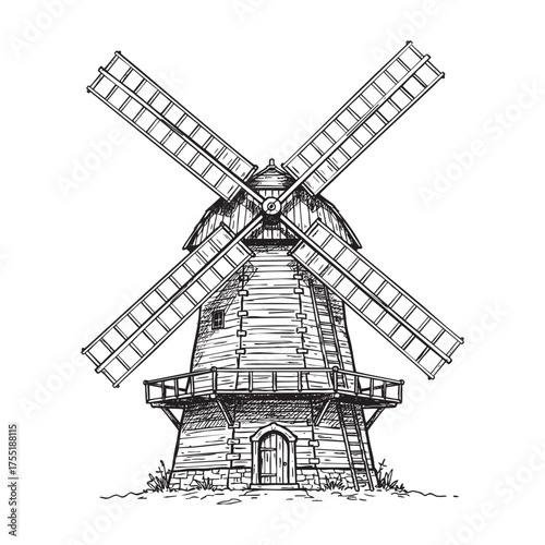 Vintage Hand-Drawn Windmill Illustration - Retro Wooden Mill Engraving Vector