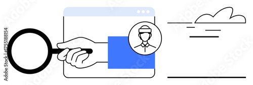 Magnifying glass focuses on a user avatar in a web browser window with hand pointing. Ideal for recruitment, user research, online identity, profile verification, digital tools, cloud services