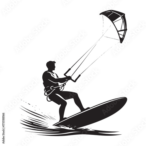 Kitesurfing Man Silhouette - Extreme Water Sport Graphic Vector