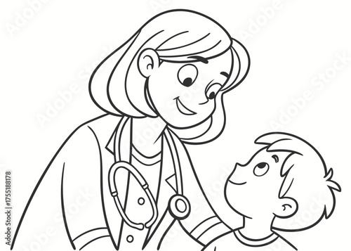 Kids Coloring Page – Kind Female Doctor Helping a Child with Stethoscope
