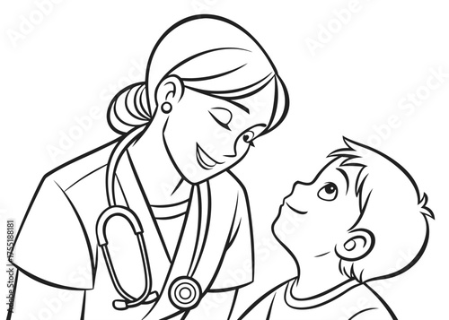Kids Coloring Page – Kind Female Doctor Helping a Child with Stethoscope