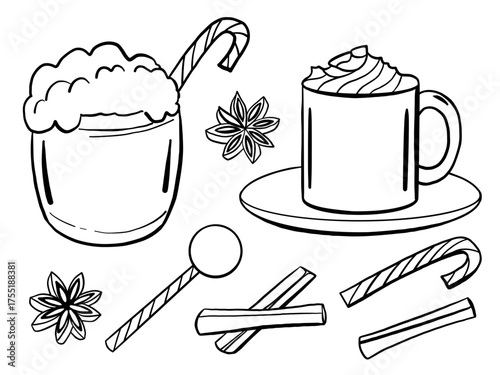 Eggnog Christmas and winter drinks set. Doodle elements isolated on white for restaurant and cafe menu. Hand drawn illustration.