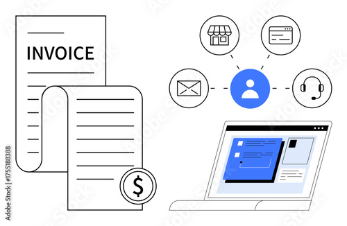 Invoice with dollar sign, connected user icon, laptop displaying digital interface. Ideal for finance, business operations, customer service, digital workflow, e-commerce, billing remote management