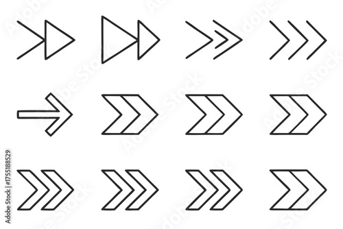 Collection of Hand Drawn Arrow Icons in Various Styles and Directions forward next