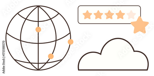 Globe with connected points, cloud icon, and rating stars. Ideal for global reach, networking, data sharing, cloud services, customer feedback technology digital growth. Simple flat metaphor