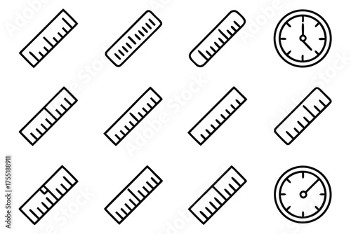 Collection of Ruler and Clock Icons on White Background measuring scale