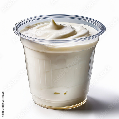 un vaso descartable transparente con yogur, crema, verano aislada, sobre fondo blanco