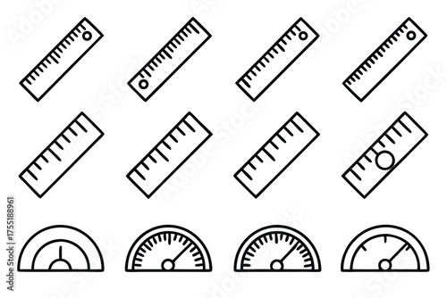 Collection of Ruler and Gauge Icons in Line Art Style Keywords: ruler, measuring tape, gauge, meter