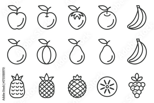 Collection of Simple Line Art Fruit Icons on White Background Keywords: apple, banana, pear, orange
