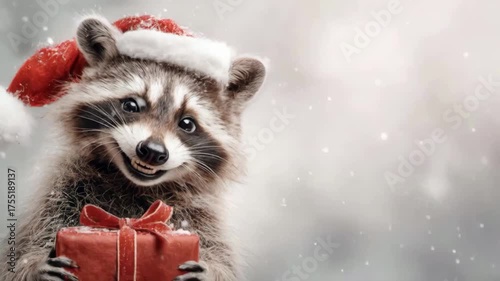 Festive raccoon in santa hat holding christmas gift in snowy scene