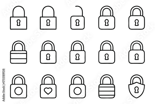 Collection of Simple Outline Padlock Icons with Various Designs and Open Lock security symbol