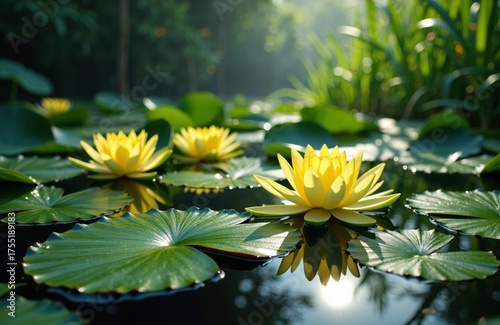 Yellow water lilies floating on a pond with lush green leaves and tall grass in the background
