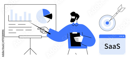 Man pointing at data chart with a pointer, pie chart, SaaS browser window, and dart hitting target. Ideal for analytics, business, teamwork, SaaS goal setting marketing strategies training. Simple