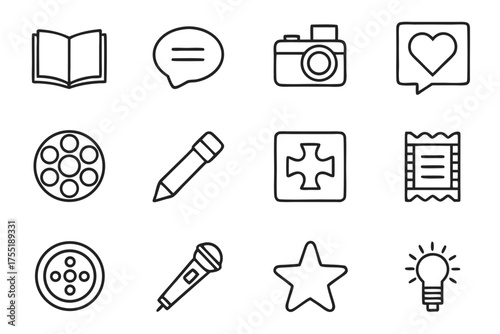 Collection of twelve hand-drawn outline icons for communication and creativity book open book