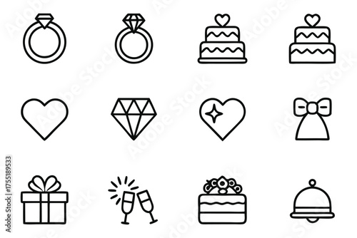 Collection of twelve outline icons for wedding and celebration themes vector illustration