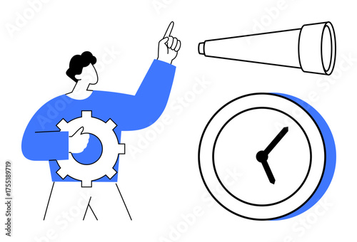 Person with gear points to telescope beside clock, representing strategic vision, foresight, and time management. Ideal for planning, productivity, innovation, focus, efficiency team leadership