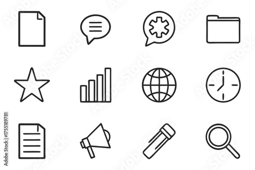 Collection of twelve simple outline icons for digital interfaces and concepts document file
