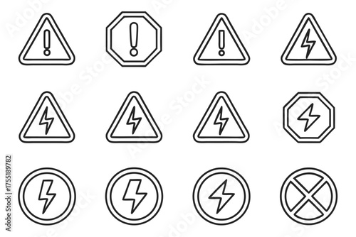 Collection of Warning and Danger Signs in Outline Style exclamation mark triangle