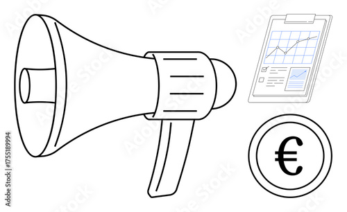 Megaphone beside a clipboard with financial charts and a Euro currency sign. Ideal for marketing, finance, announcements, business growth, investment, economy, and strategy. Clean flat metaphor